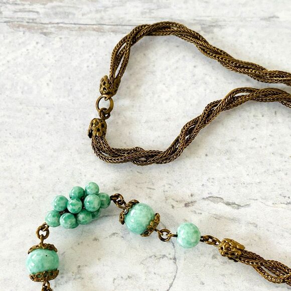 VTG Art Deco Czech Peking Jade Long Flapper Necklace Bead Cluster Stations 35"Lg - Picture 6 of 11